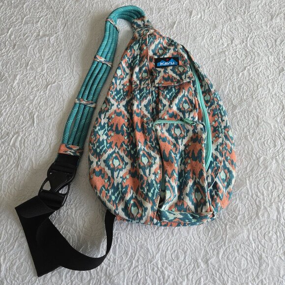 Kavu Rope Sling Bag Canvas Coral & Turquoise Ikat Print Adjustable Strap Pockets - Picture 1 of 8